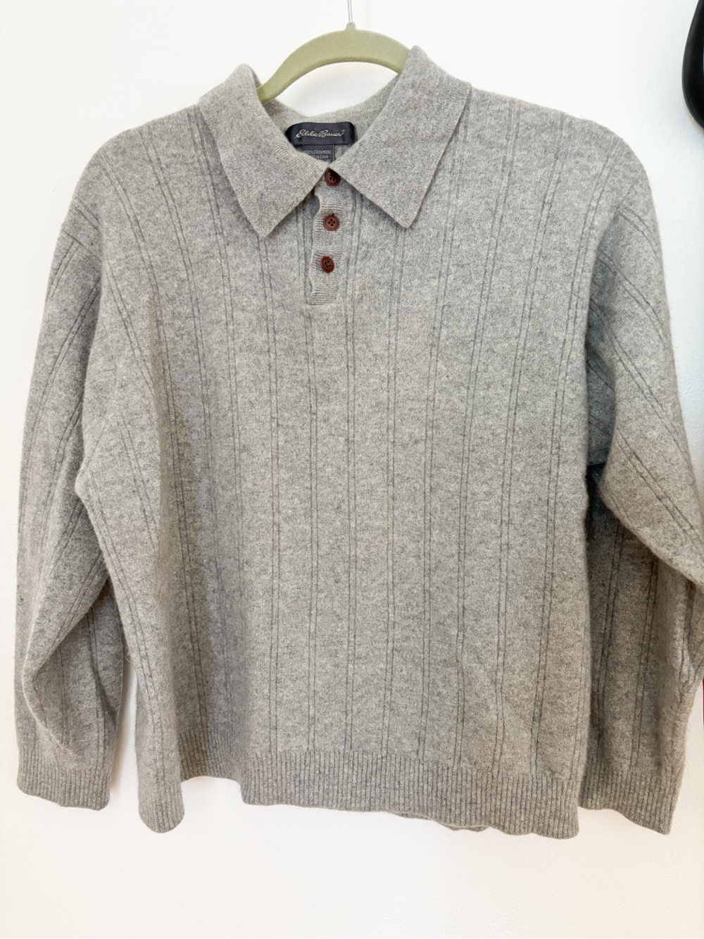 Eddie Bauer Light Gray Button Polo 100% Cashmere Sweater XL